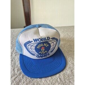 Vintage World Police Fire Games Trucker Hat Snapback Blue Mesh 1980s 90s